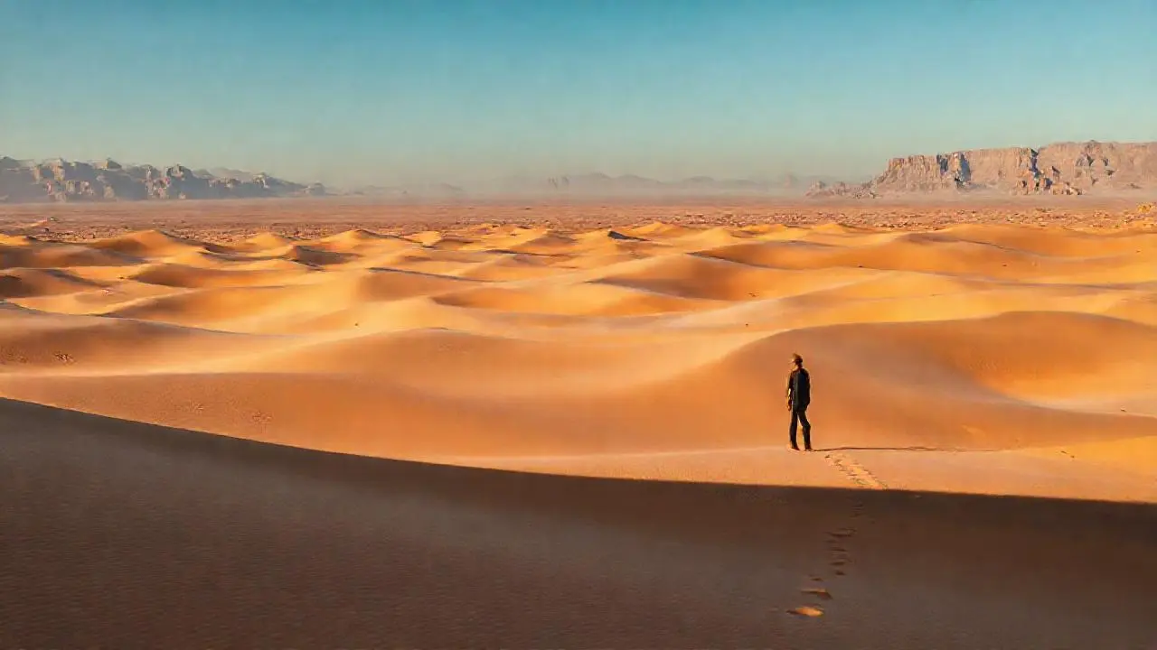 Paisaje desértico, figura solitaria, horizonte vasto