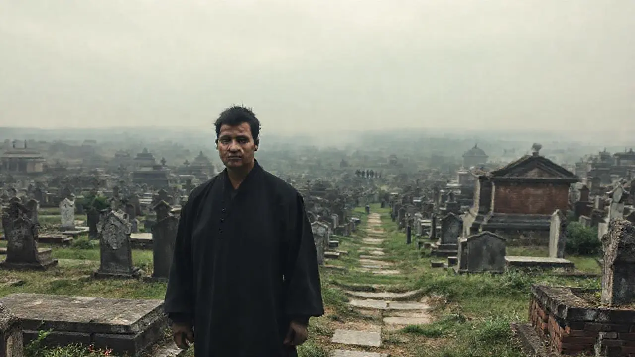 Cementerio antiguo, atmósfera silenciosa y melancólica
