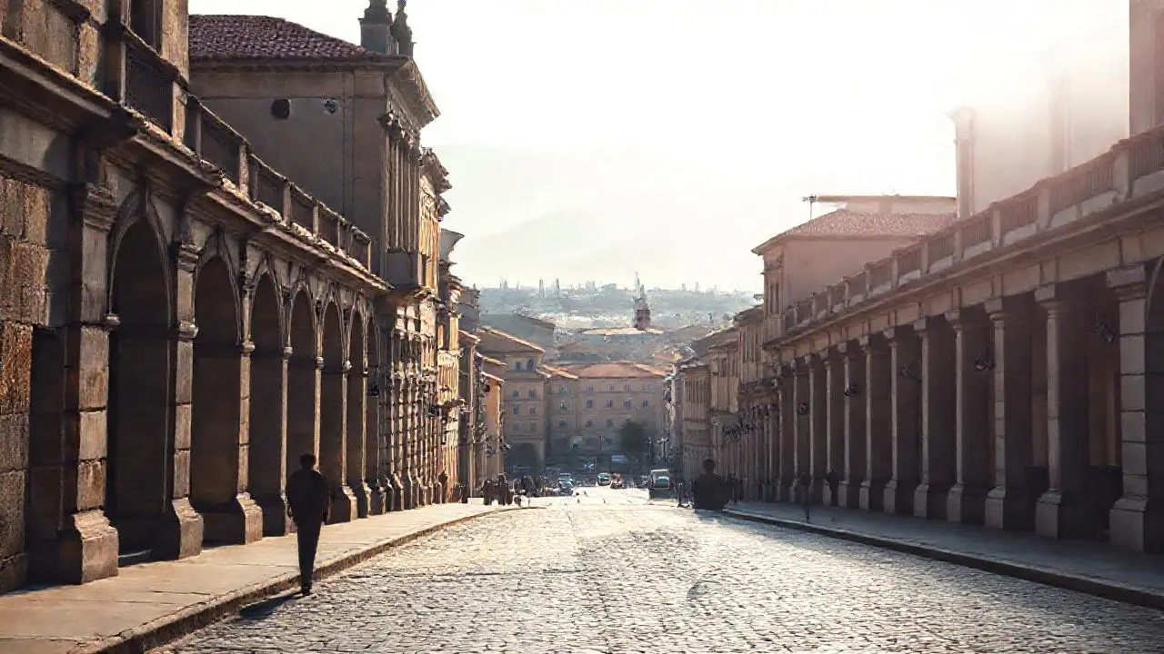 Escena urbana tranquila, luz cálida y nostálgica