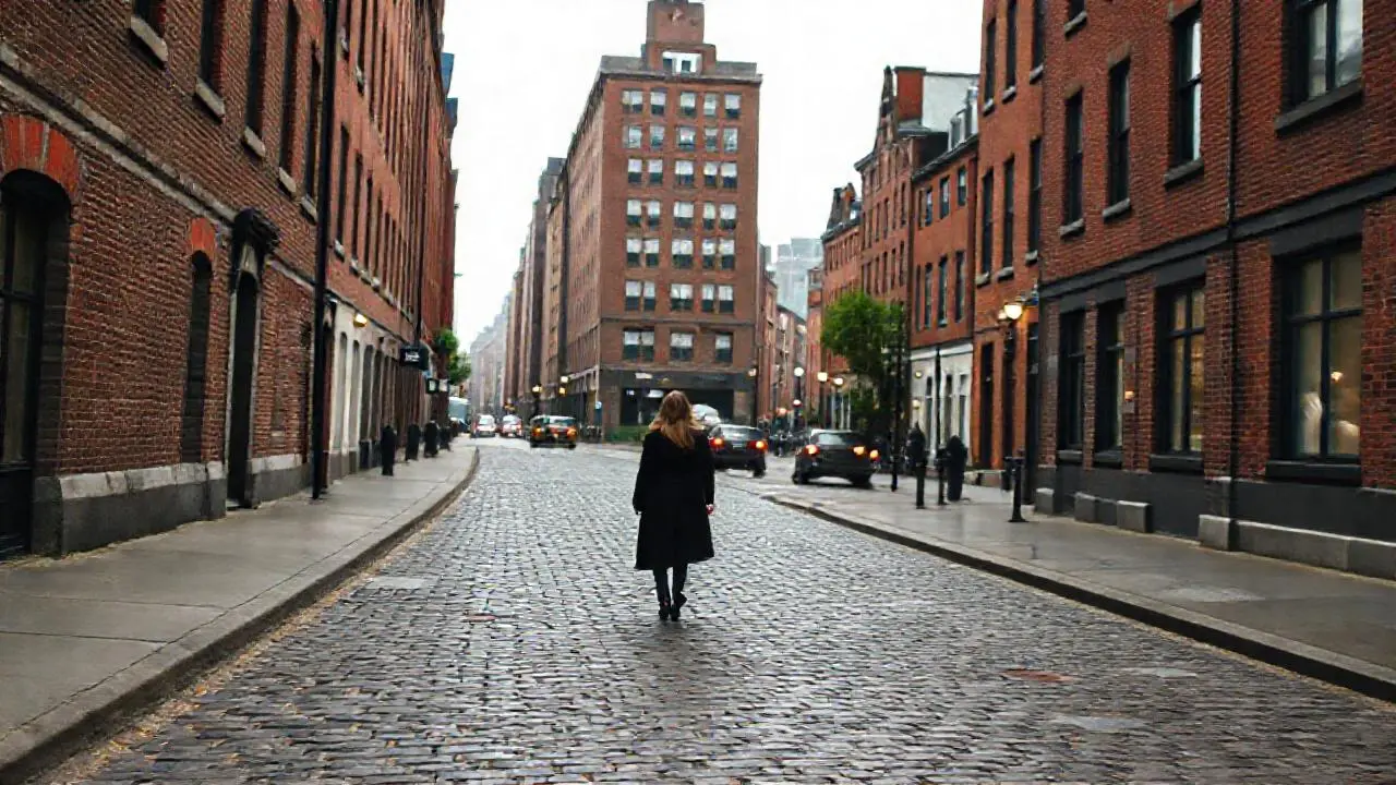 Calle urbana tranquila, luz suave y apagada