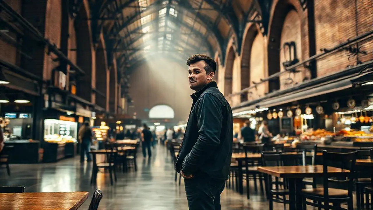 Ambiente industrial bullicioso, cálido y difuso