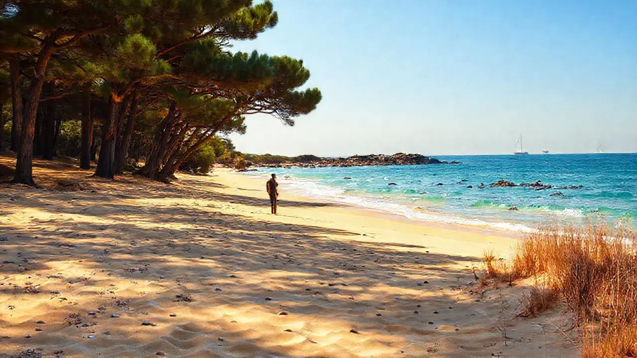 Playa serena, luz cálida, y profundidad