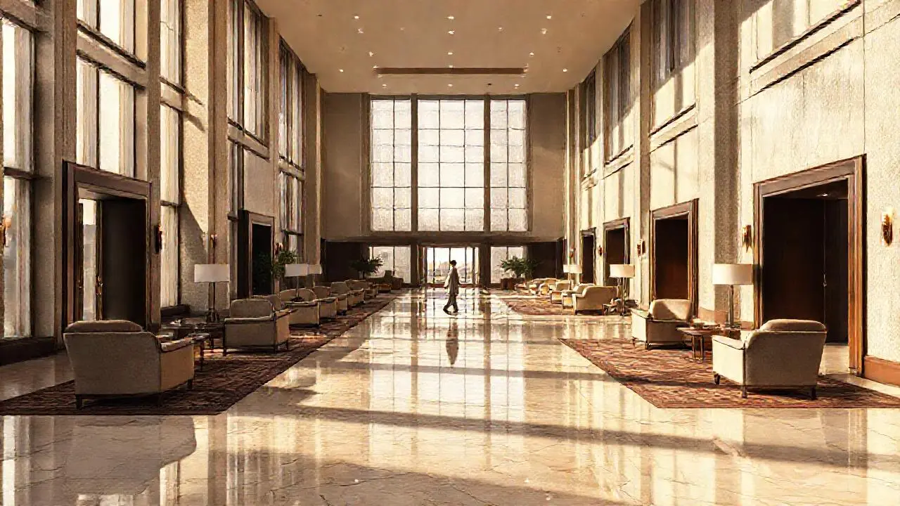 Elegante lobby, luz suave y ambiente sereno