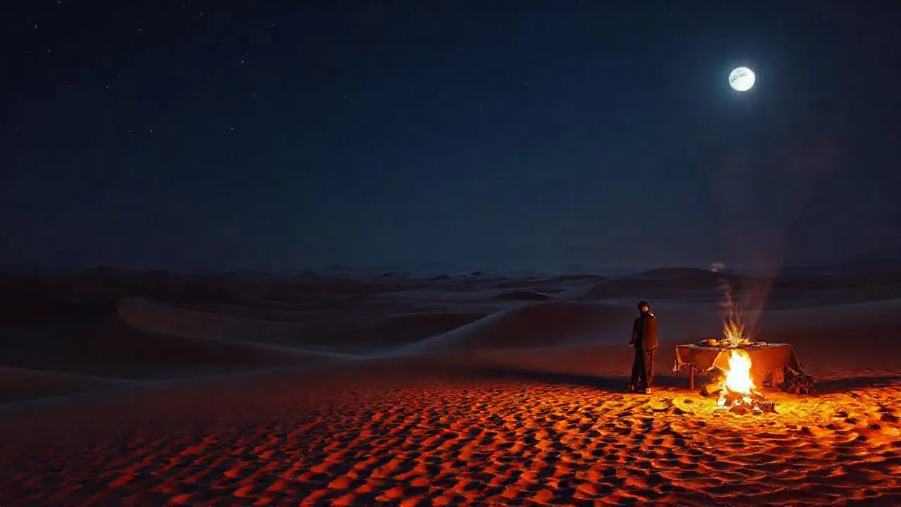 Paisaje desértico tranquilo bajo la luz de fogata