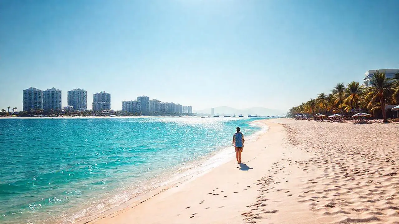 Playa tranquila, sol, y espacio infinito