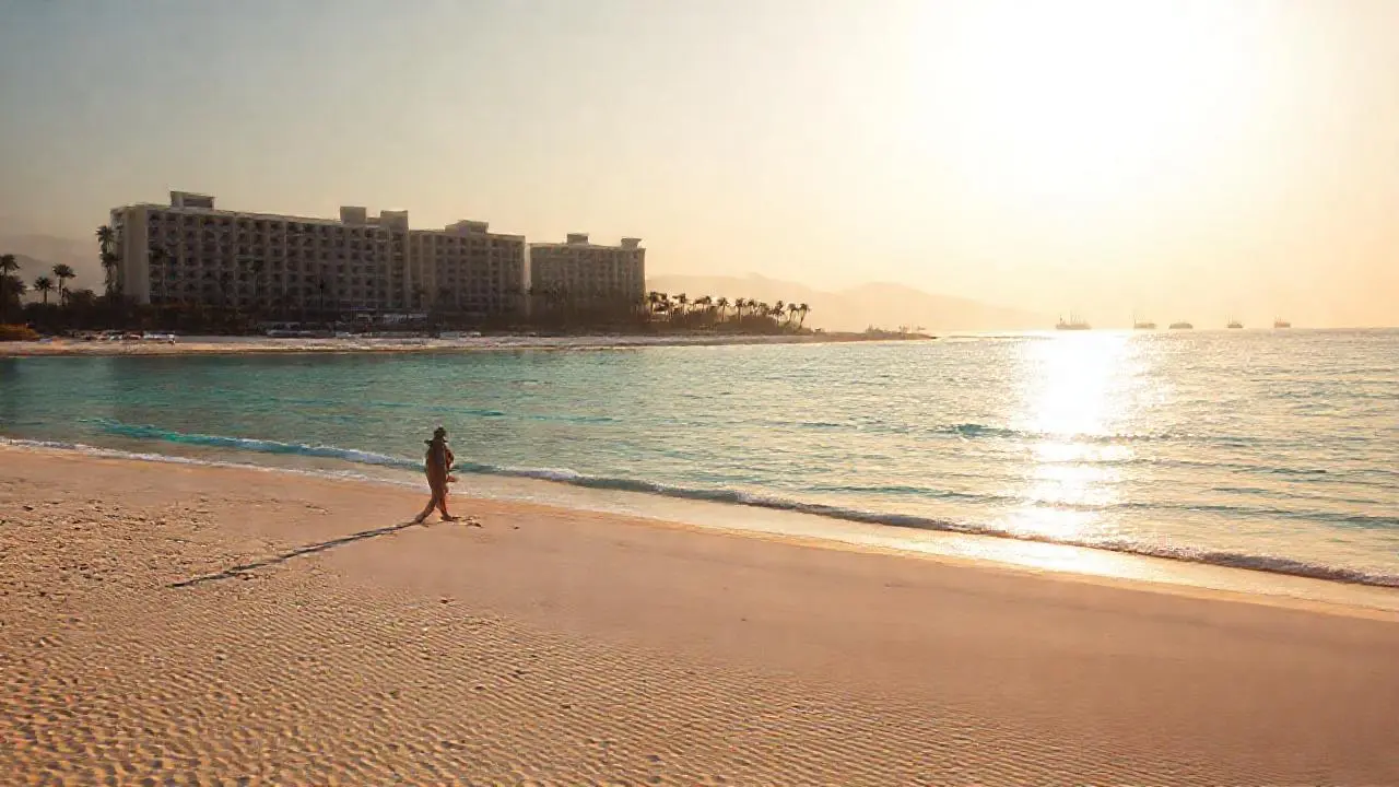 Playa serena bajo luz cálida y amplia