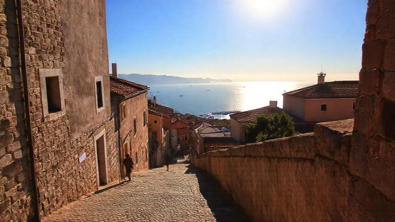 Pueblo antiguo, luz cálida y mar sereno