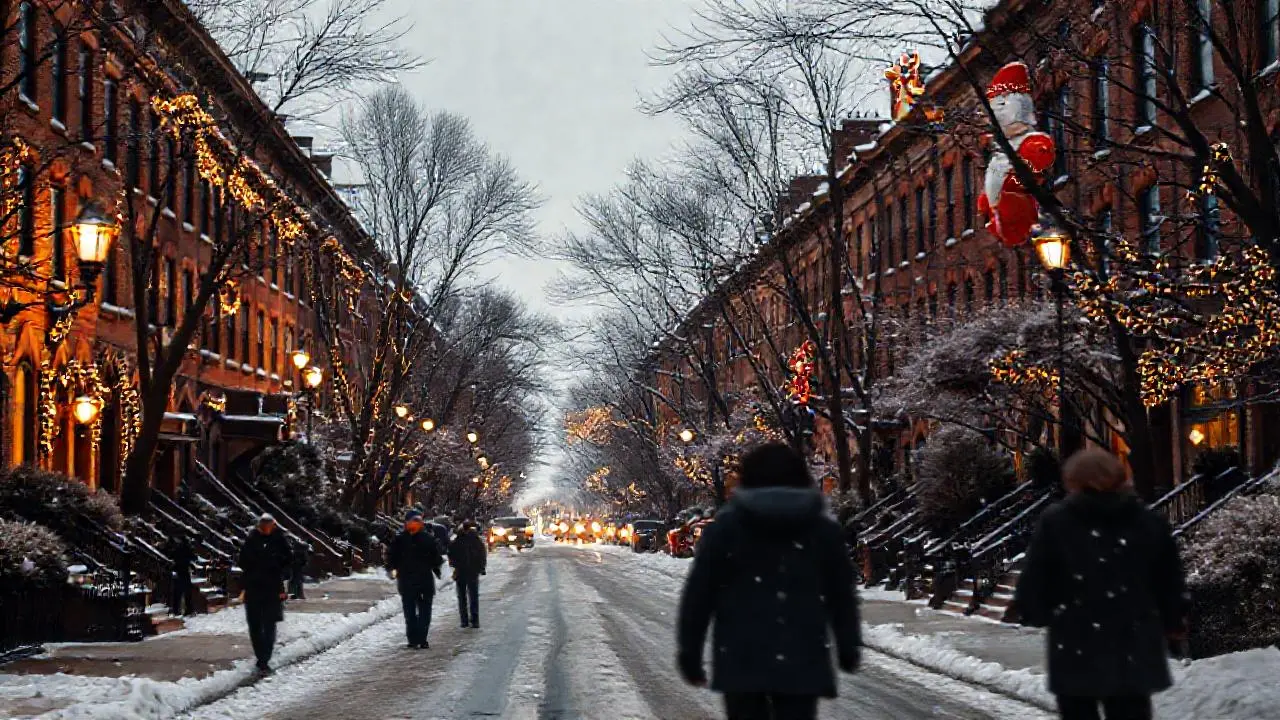 Calle nevada con casas y decoraciones navideñas