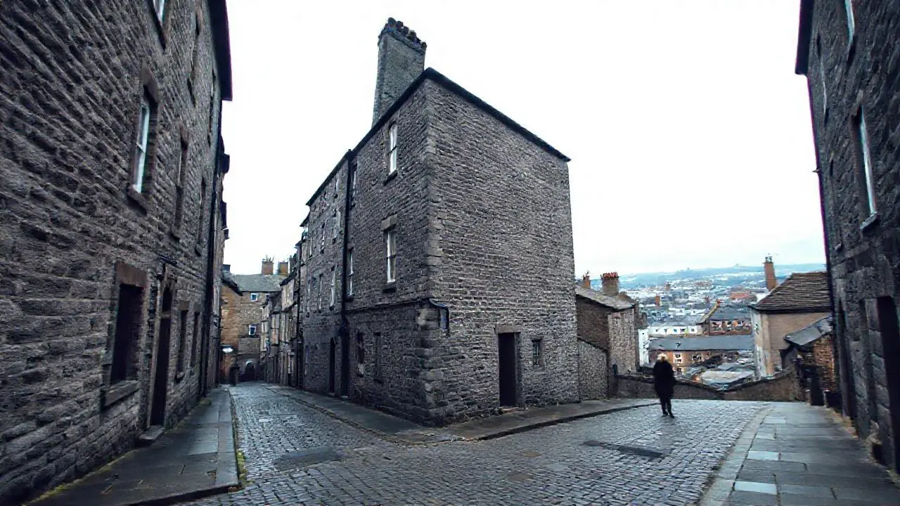 Ciudad antigua, tranquila y ligeramente brumosa