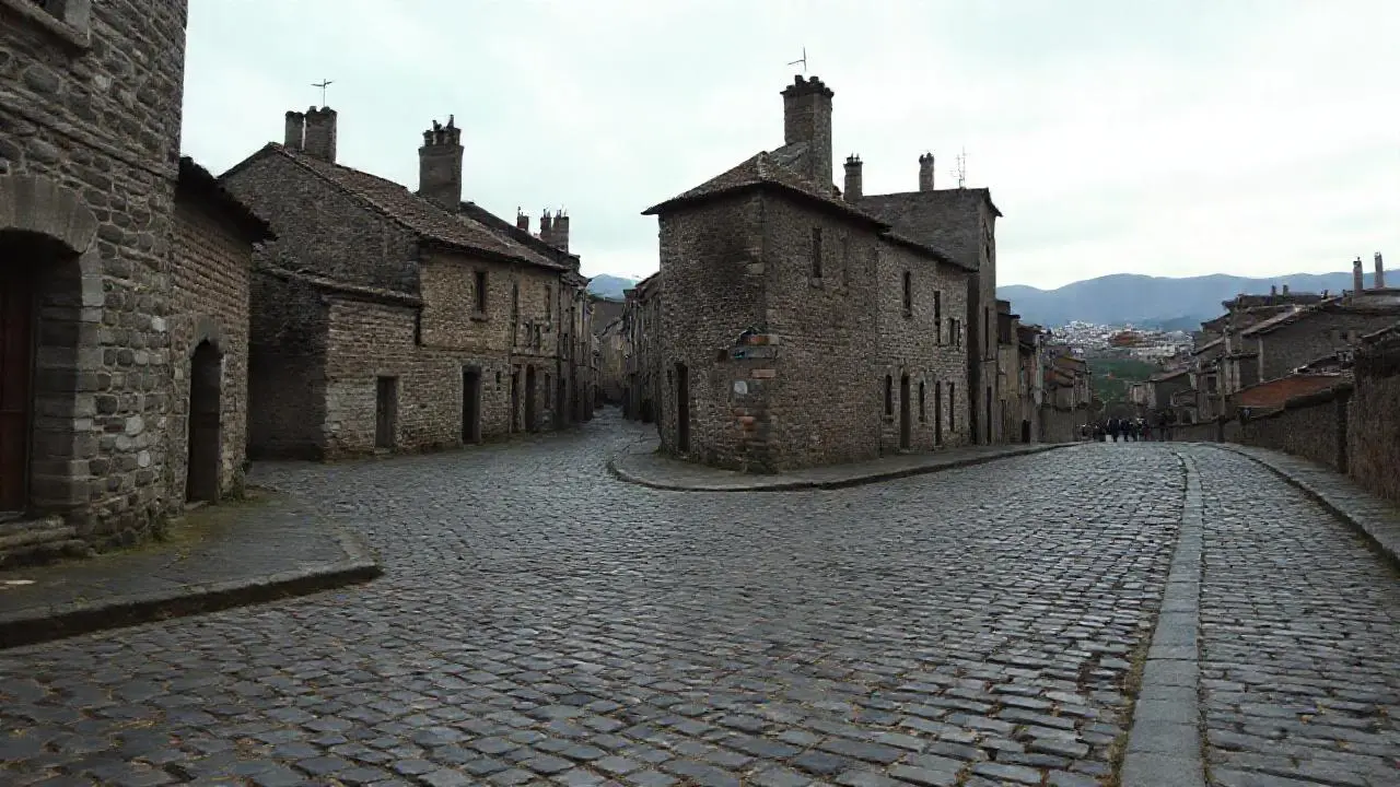 Calle antigua, ambiente tranquilo y ligeramente brumoso