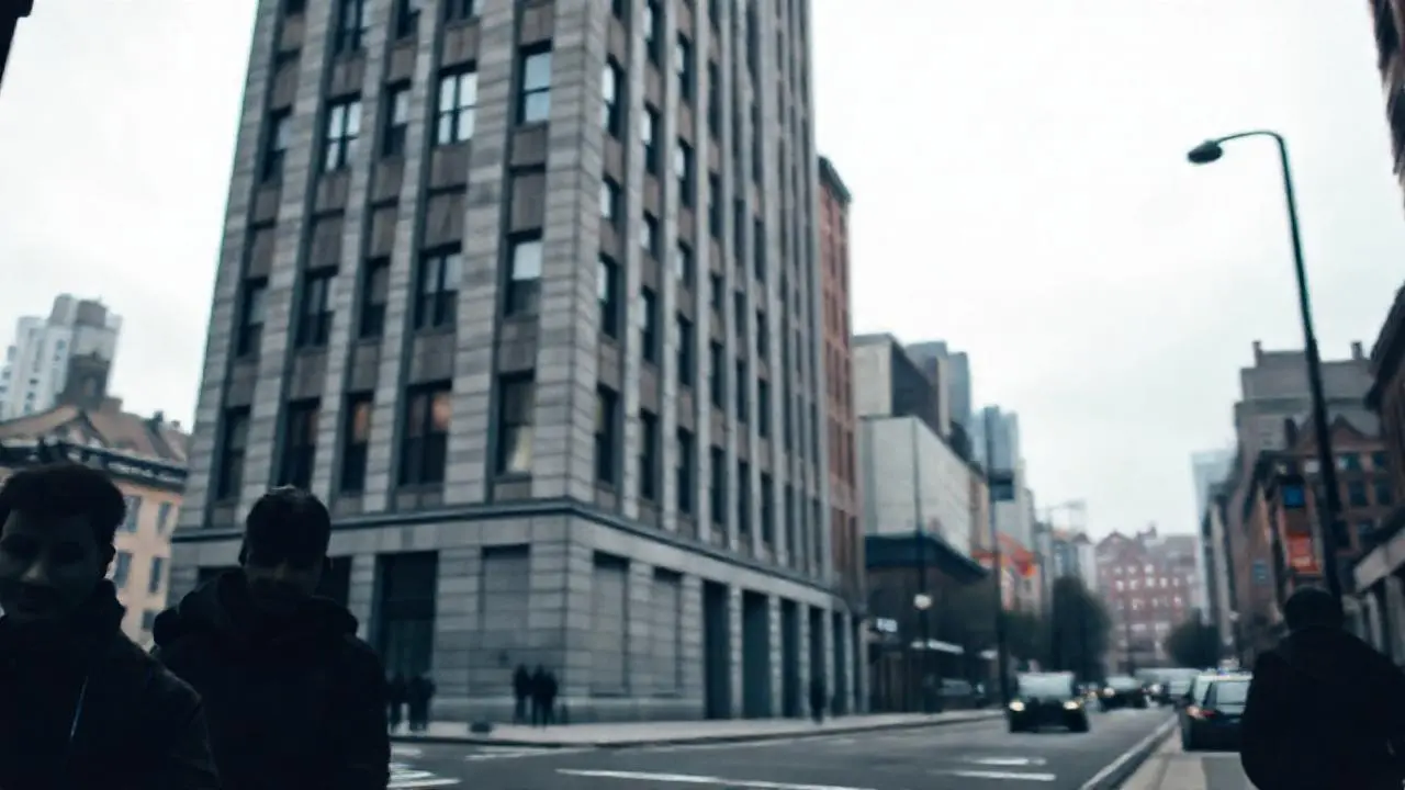 Ciudad densa, gris, y ligeramente brumosa