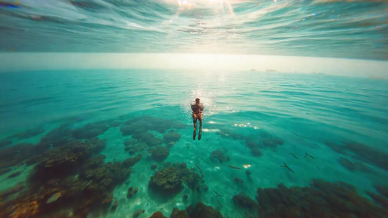 Aguas tranquilas, un nadador, un paisaje vasto