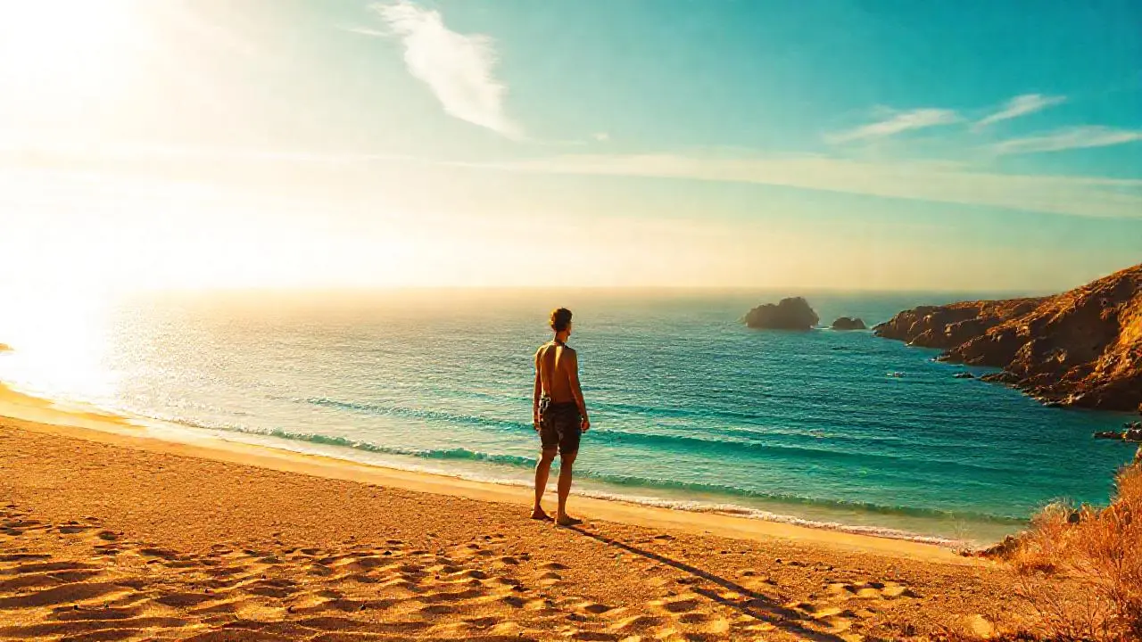 Playa serena, luz cálida, espacio infinito