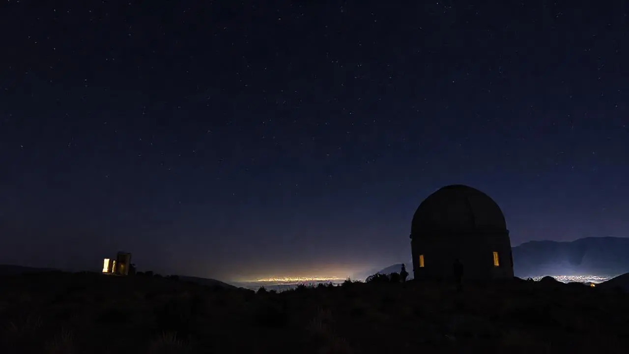 Cielo vasto, paisaje árido y observatorio solitario