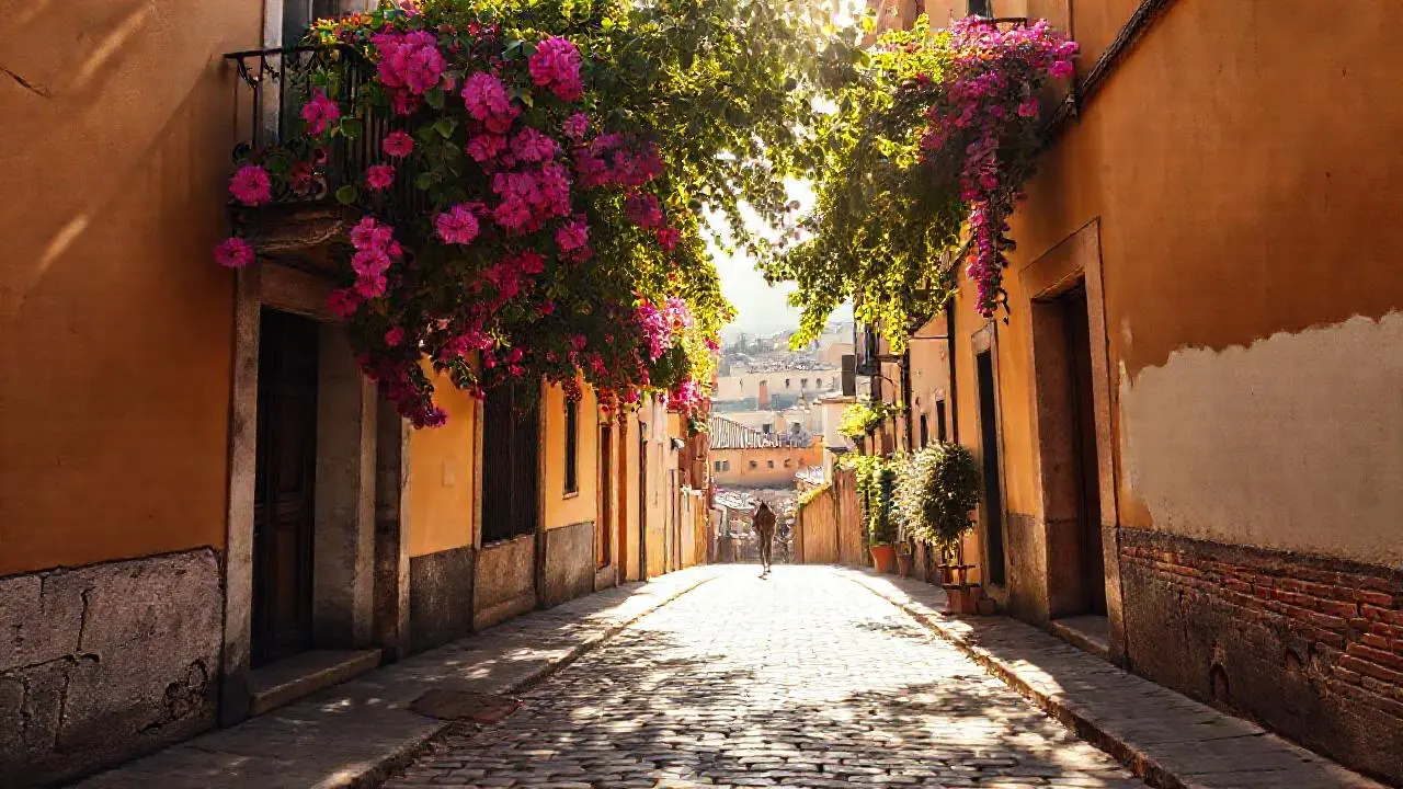 Calle antigua, cálida y ligeramente borrosa