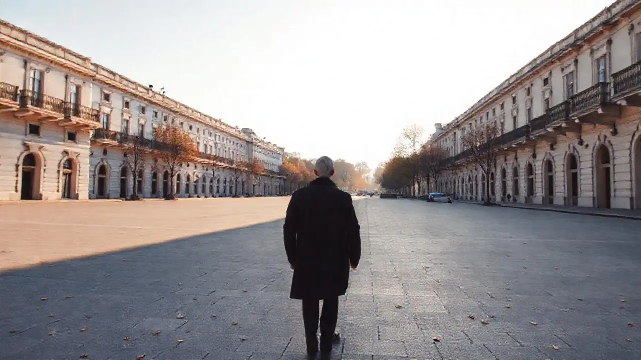 Plaza tranquila, luz suave, figura solitaria