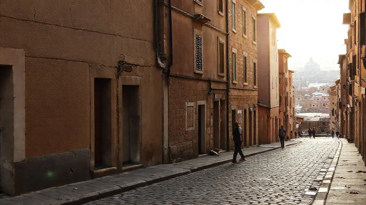 Calle antigua, luz suave y perspectiva profunda