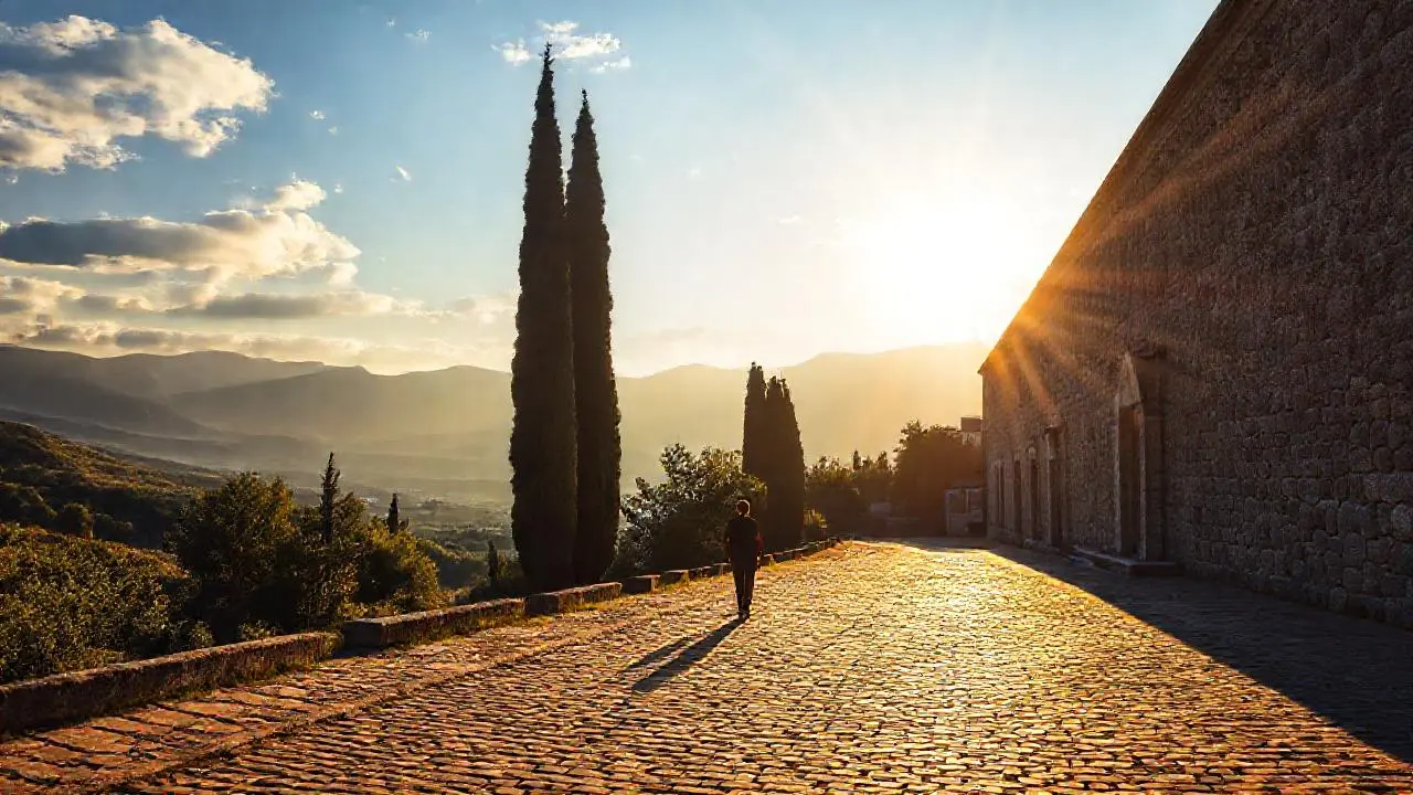 Puesta de sol sobre arquitectura y paisaje