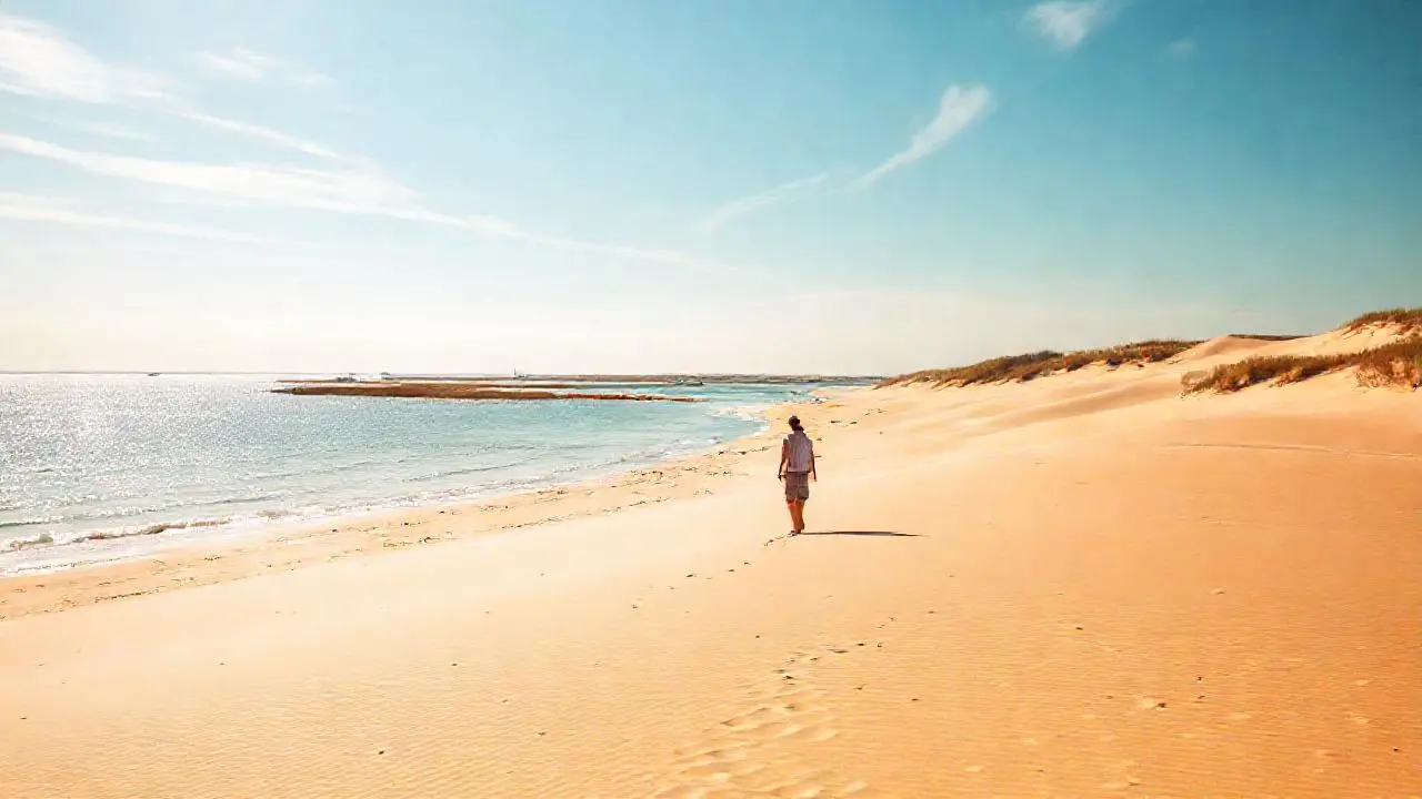 Playa serena, luz cálida y espacio abierto