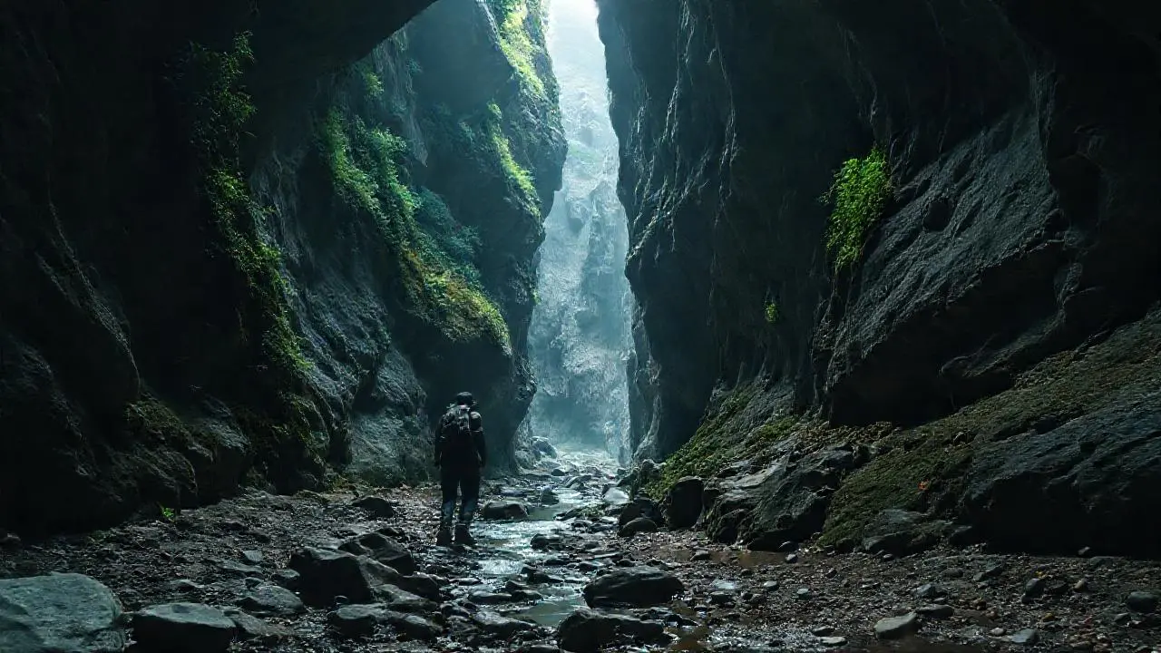 Cueva húmeda, rocosa y misteriosa