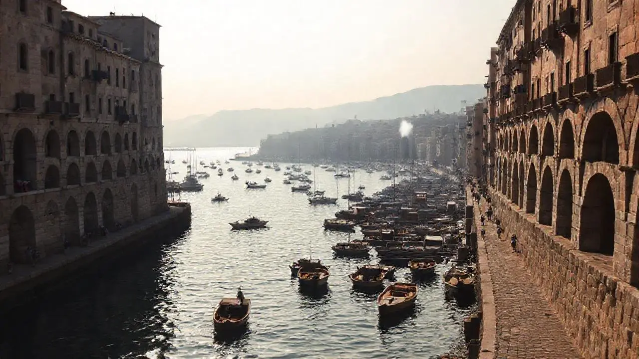 Puerto histórico, vibrante y ligeramente brumoso