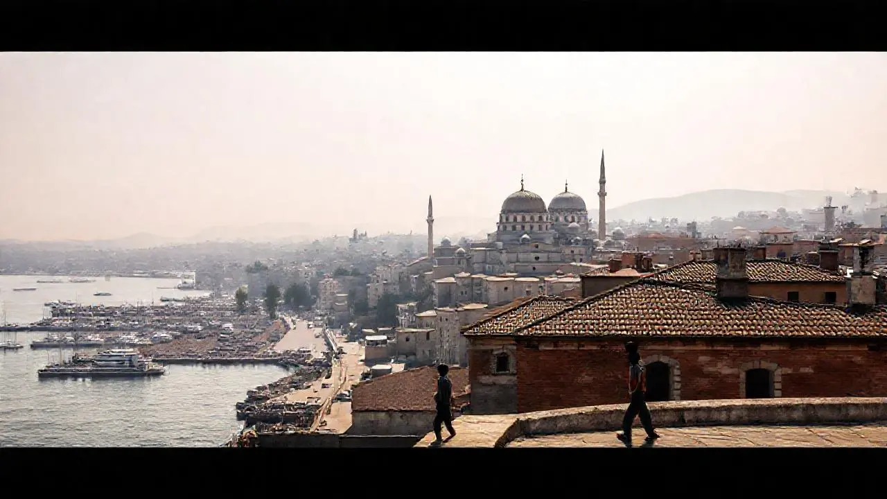 Un paisaje urbano antiguo, brumoso y amplio