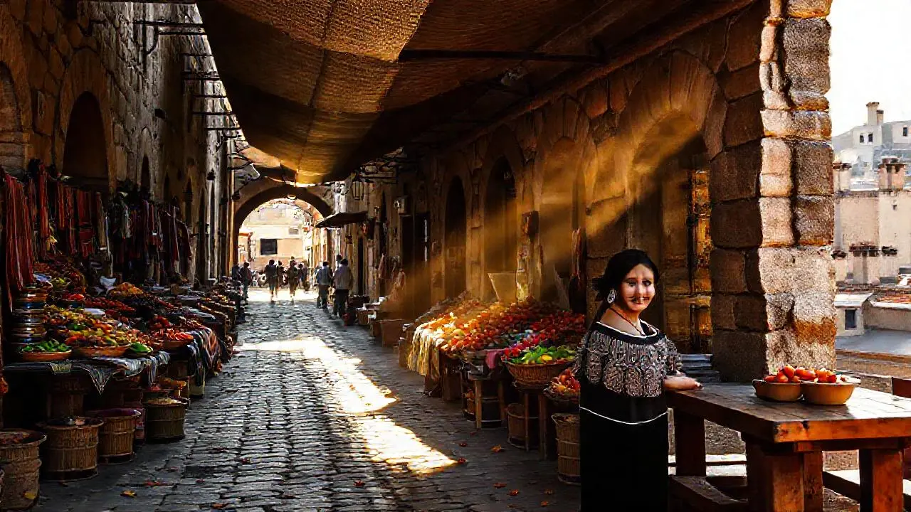 Mercado antiguo, luz suave y vibrante