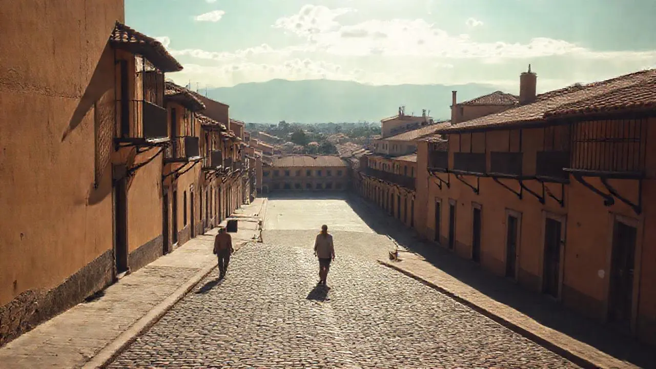 Pueblo antiguo, luz cálida, atmósfera serena