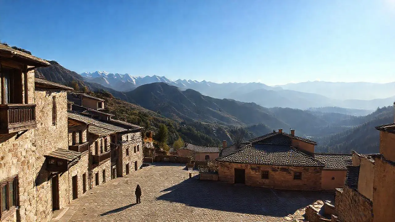 Paz rural, montañas y cielo azul