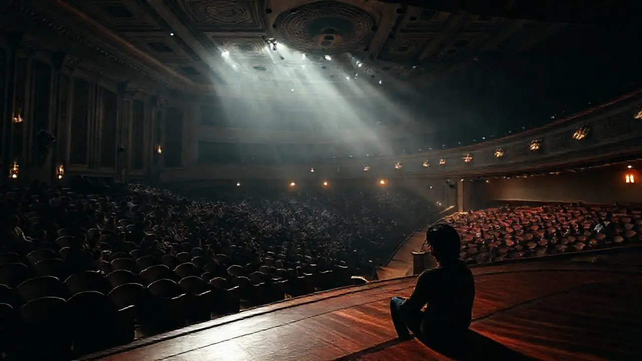 Espacioso teatro, figura solitaria, ambiente grandioso