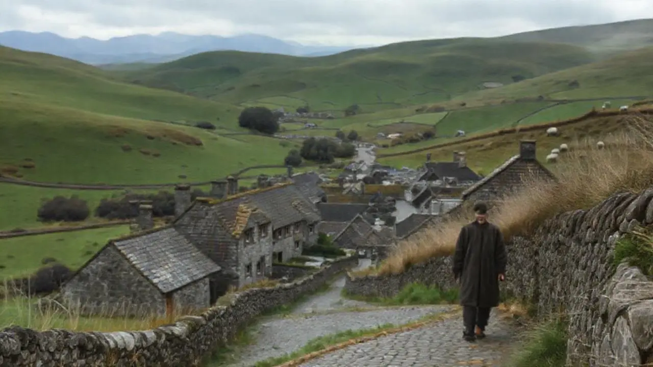 Paisaje rural tranquilo y brumoso