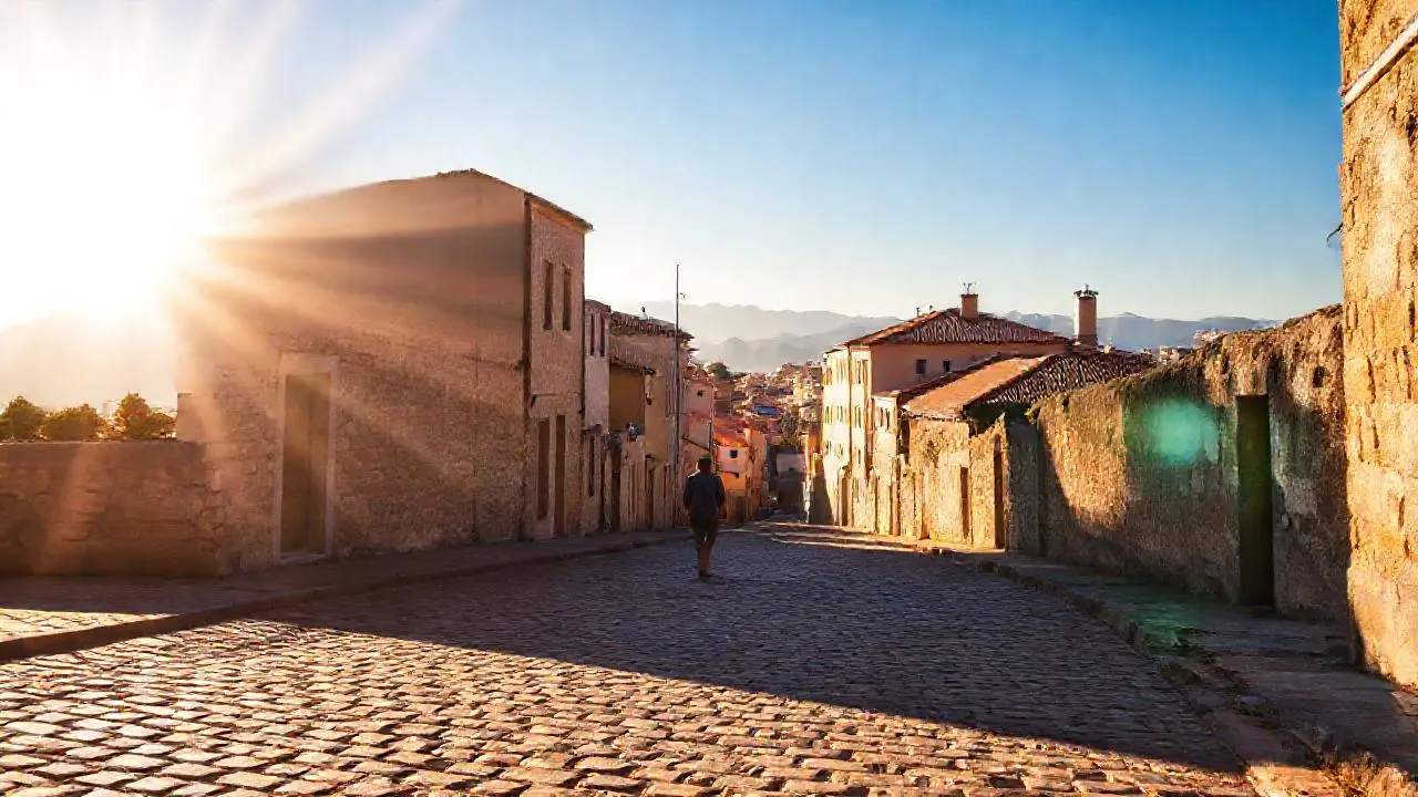 Calle antigua, cálida, y ligeramente borrosa