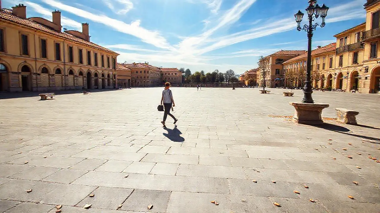 Plaza urbana tranquila, luz cálida y suave