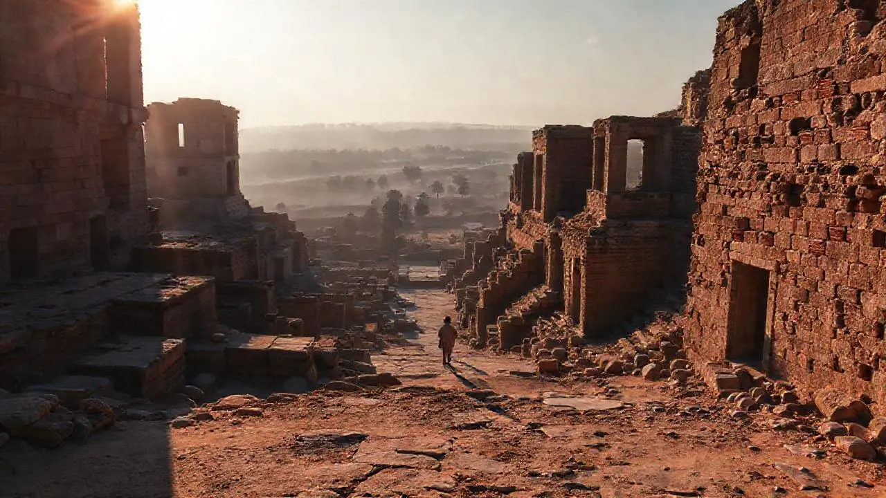 Ruinas antiguas bajo cielo amplio y silencioso