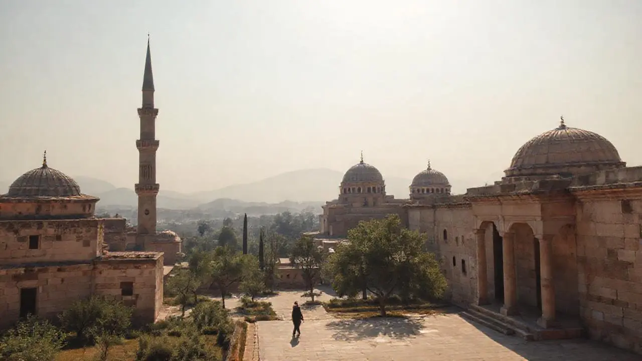 Arquitectura antigua y serena bajo cielo vasto