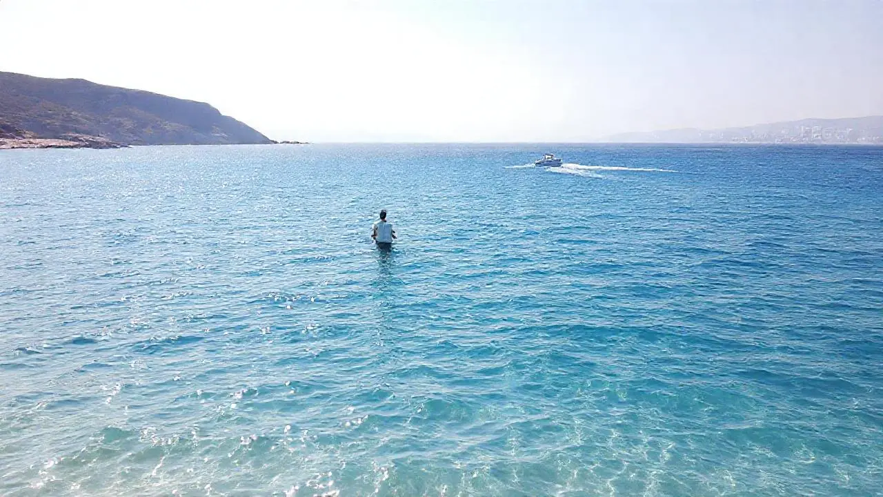 Mar sereno, figura relajada, paisaje amplio