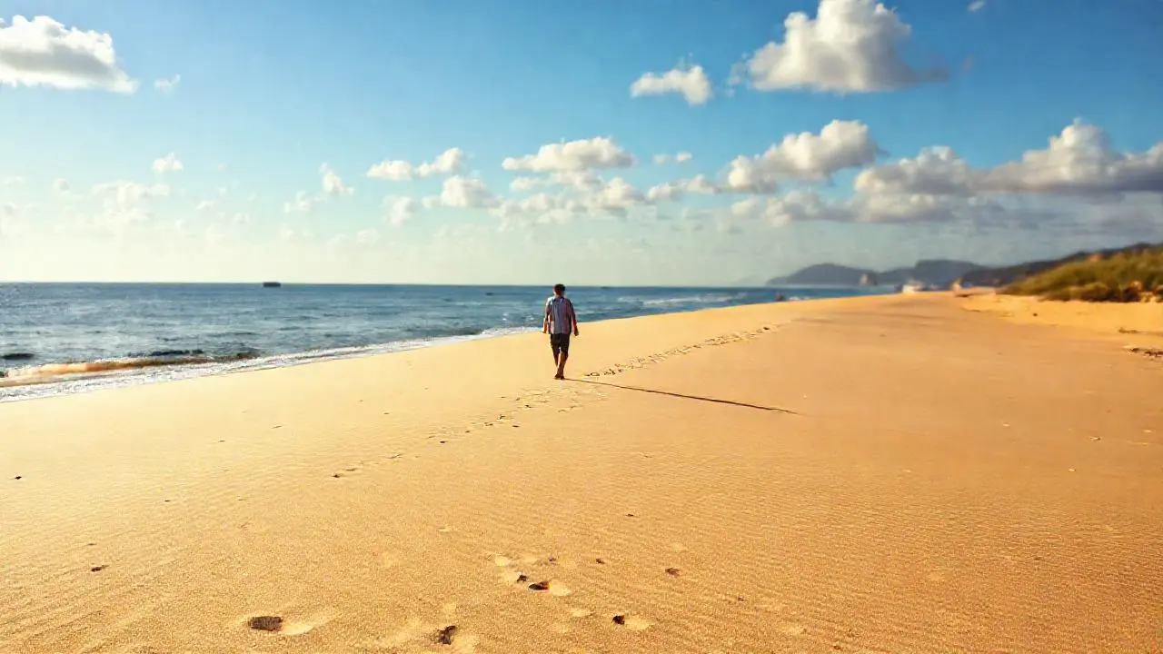 Playa serena, luz cálida, figura solitaria