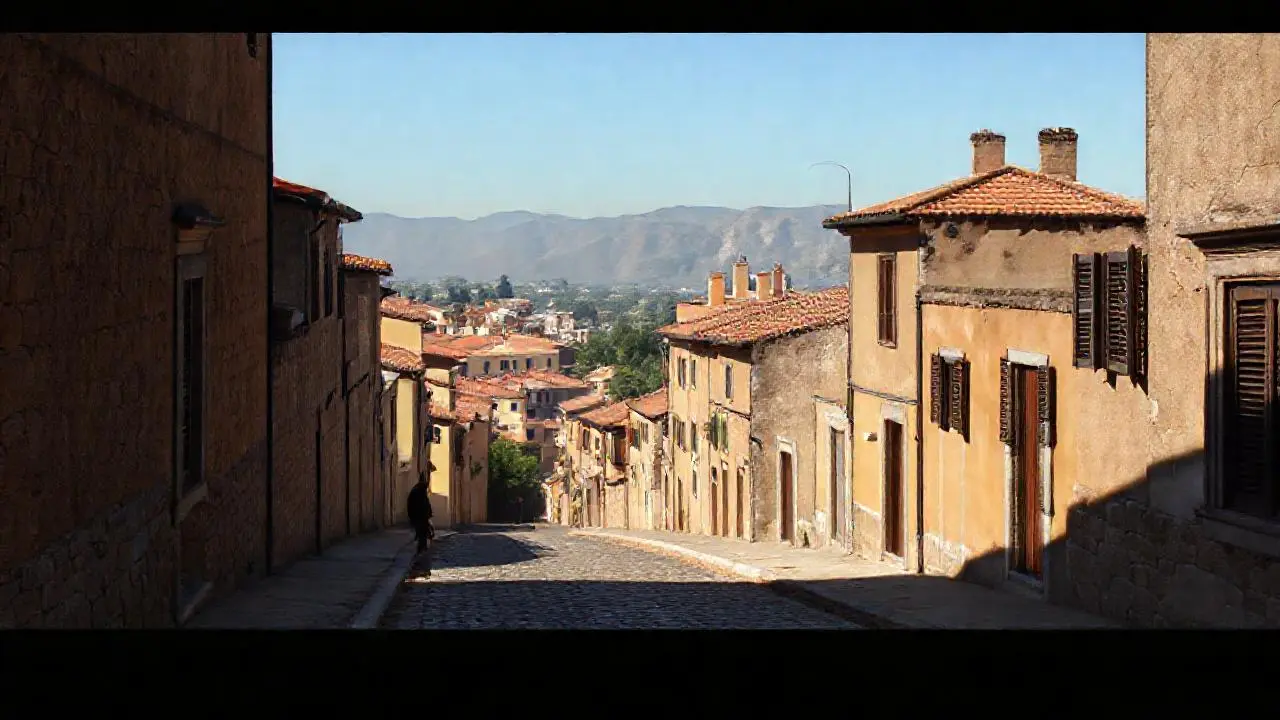 Calle antigua, cálida y ligeramente brumosa