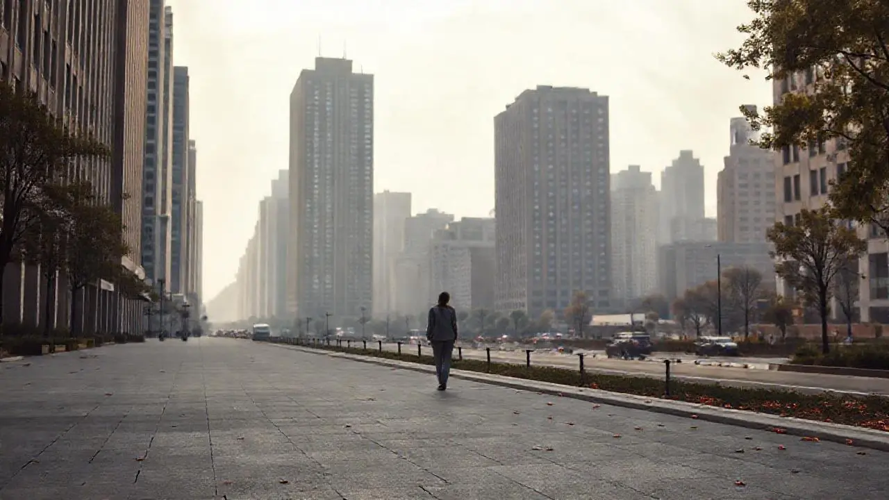 Ciudad urbana tranquila, luz suave y distante
