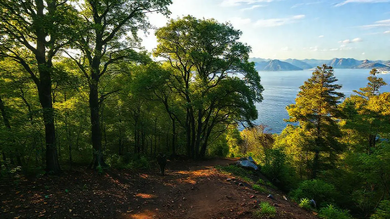 Bosque sereno, lago, montañas y una persona