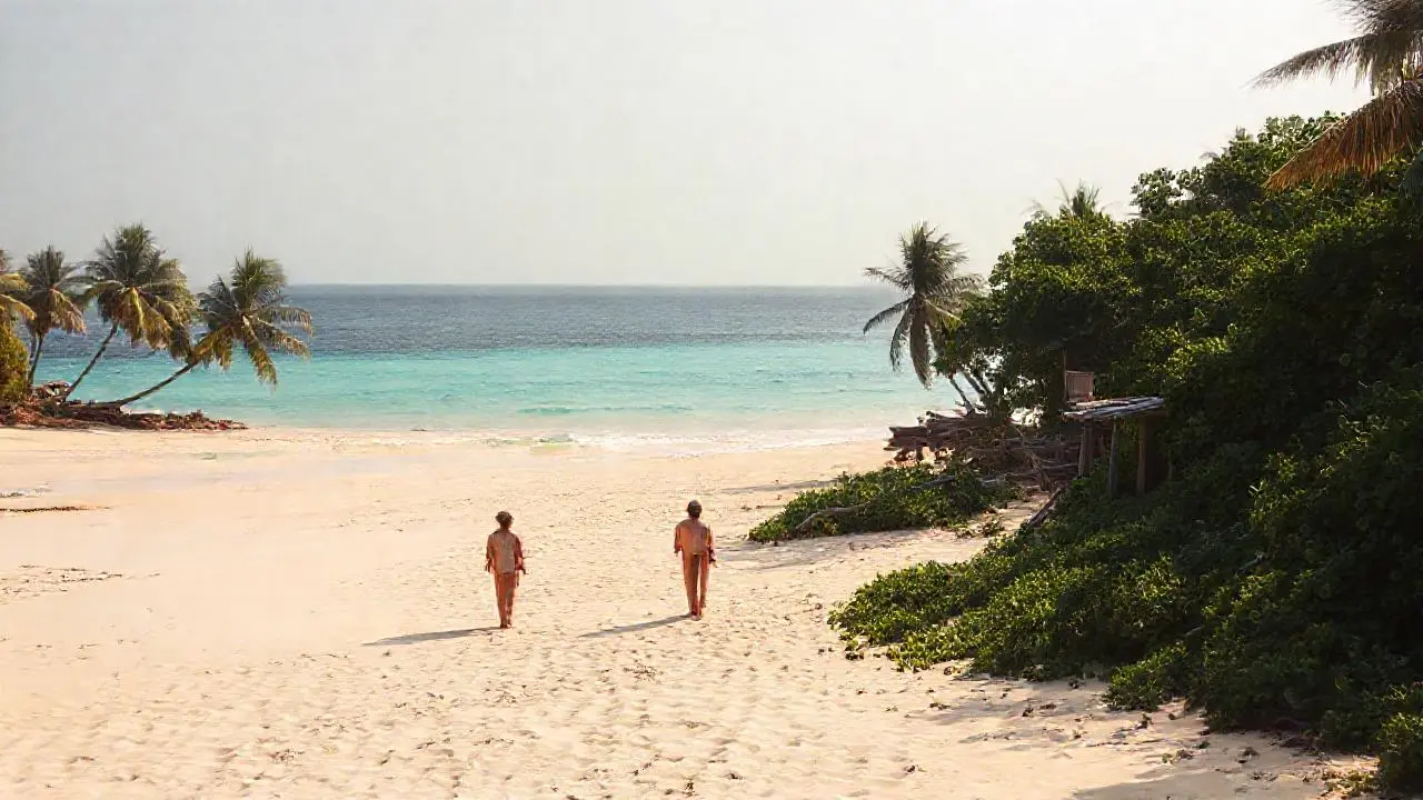 Playa tranquila, sol, arena, y horizonte