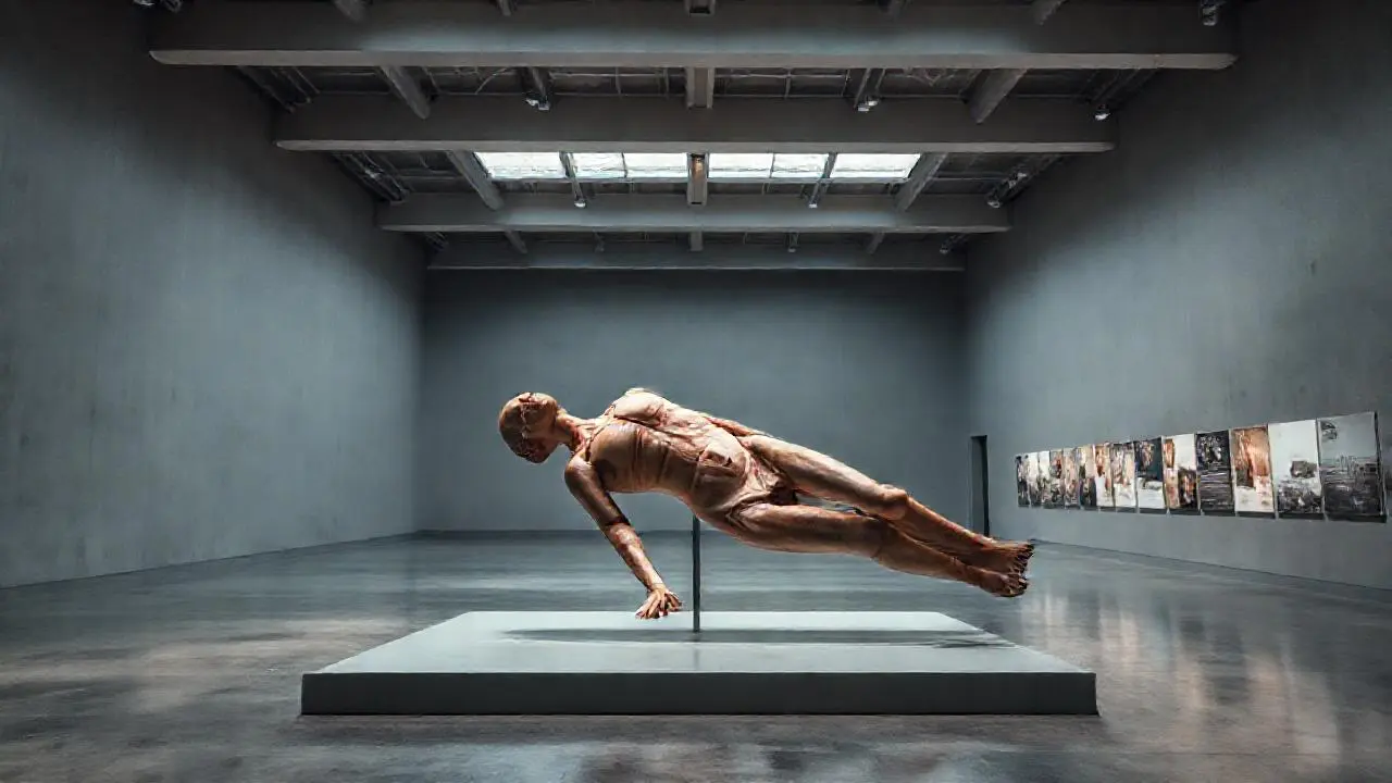 Escultura realista en galería, luz suave y calma