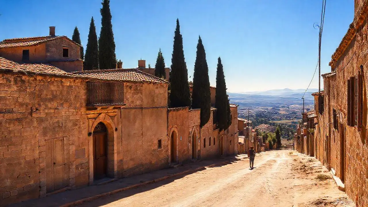 Pueblo antiguo, luz cálida, paisaje sereno