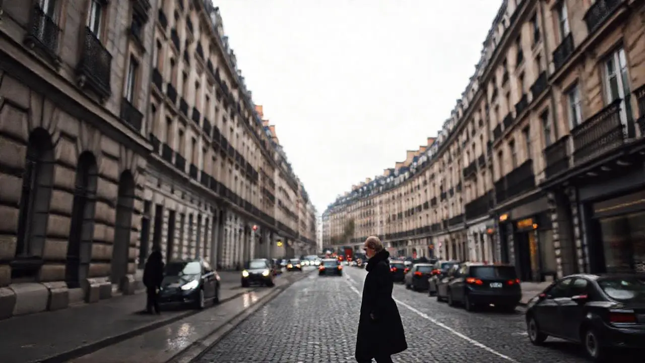Calle parisina, húmeda y ligeramente borrosa