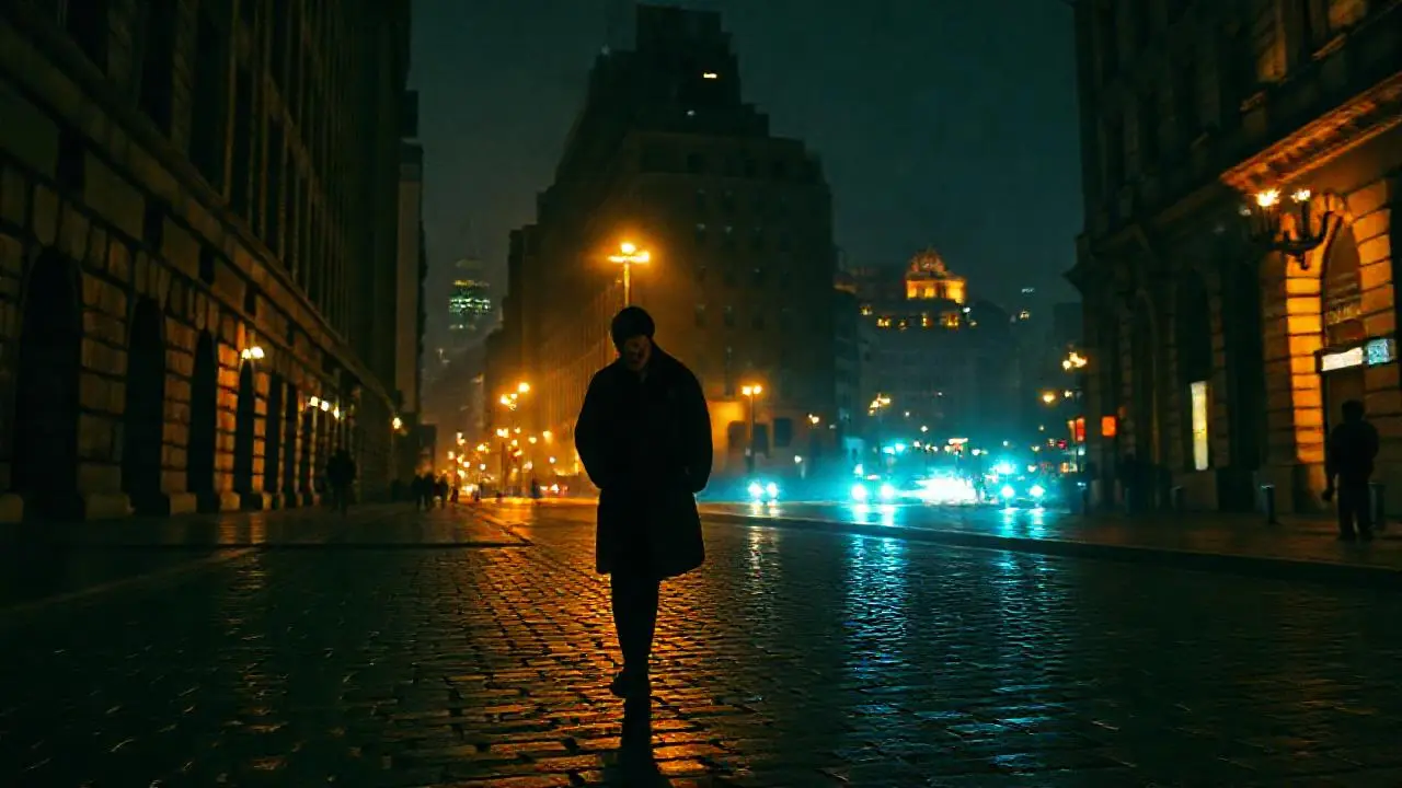 Ciudad nocturna, solitaria y misteriosa