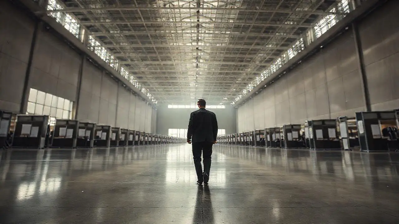 Amplio espacio, hombre avanza, luz suave