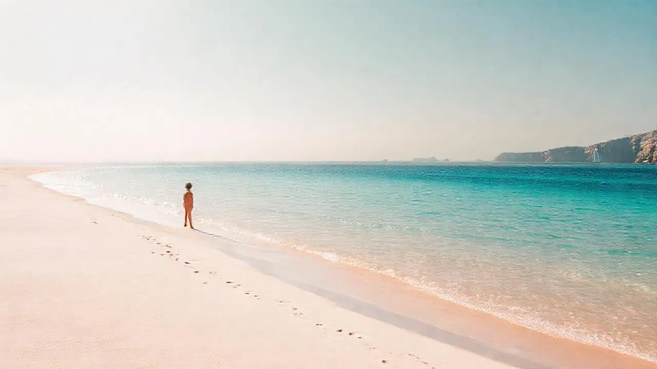 Playa tranquila, luz cálida y serena