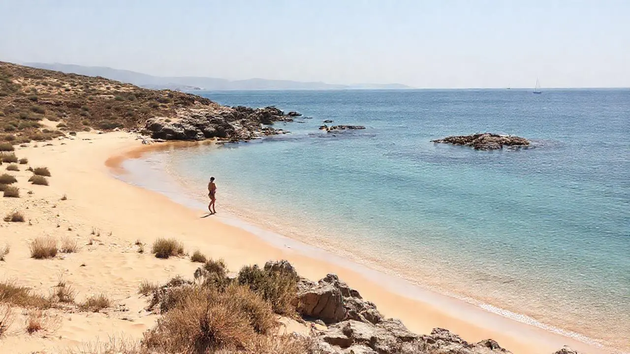 Playa serena, luz suave, horizonte amplio