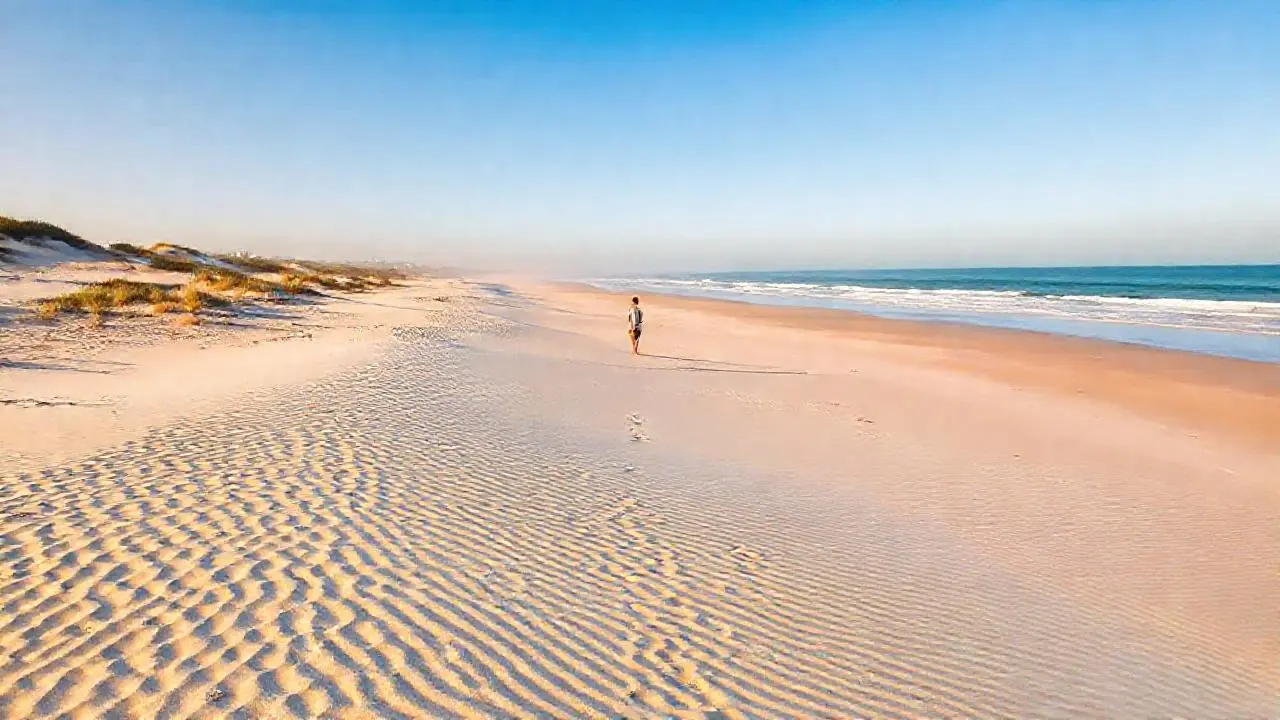 Playa soleada, figura solitaria y horizonte amplio