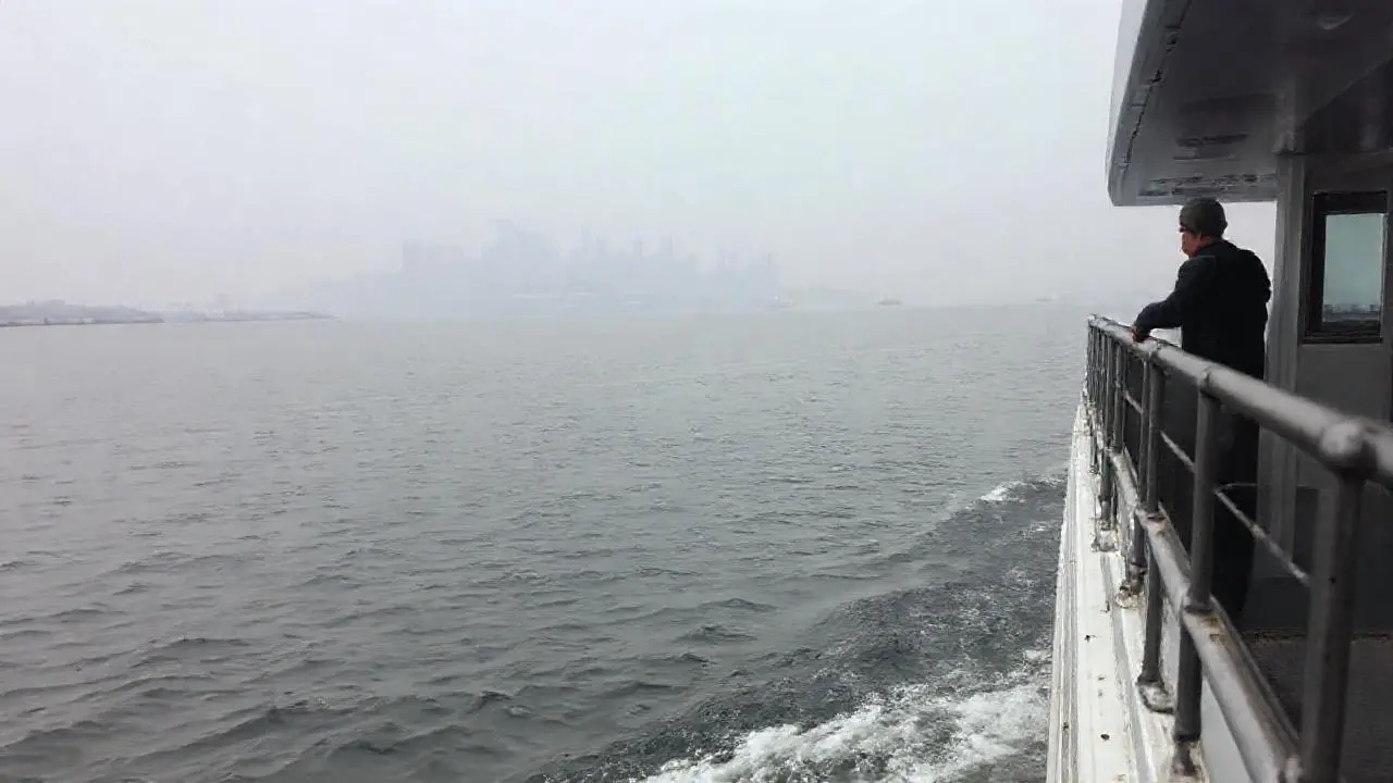 Un ferry navega bajo cielo brumoso